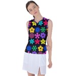 Colorful flowers on a black background pattern                                                           Women s Sleeveless Mesh Sports Top