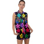 Colorful flowers on a black background pattern                                                           Sleeveless Chiffon Button Shirt