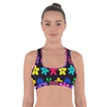 Colorful flowers on a black background pattern                                                                 Cross Back Sports Bra