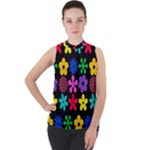 Colorful flowers on a black background pattern                                                          Mock Neck Chiffon Sleeveless Top