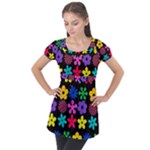 Colorful flowers on a black background pattern                                                           Puff Sleeve Tunic Top