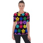 Colorful flowers on a black background pattern                                                           Shoulder Cut Out Short Sleeve Top