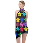 Colorful flowers on a black background pattern                                                             Halter Asymmetric Satin Top