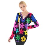 Colorful flowers on a black background pattern                                                             Women s Tie Up Tee