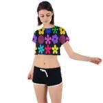 Colorful flowers on a black background pattern                                                            Tie Back Short Sleeve Crop Tee