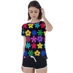 Colorful flowers on a black background pattern                                                            Short Sleeve Foldover Tee