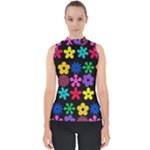 Colorful flowers on a black background pattern                                                            Mock Neck Shell Top