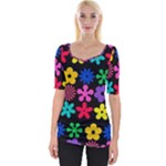 Colorful flowers on a black background pattern                                                            Wide Neckline Tee