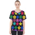 Colorful flowers on a black background pattern                                                           V-Neck Dolman Drape Top