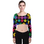Colorful flowers on a black background pattern                                                           Velvet Long Sleeve Crop Top