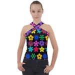 Colorful flowers on a black background pattern                                                            Cross Neck Velour Top