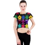 Colorful flowers on a black background pattern                                                            Crew Neck Crop Top