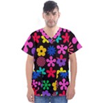 Colorful flowers on a black background pattern                                                             Men s V-Neck Scrub Top