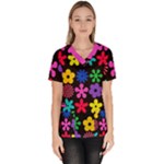 Colorful flowers on a black background pattern                                                             Women s V-Neck Scrub Top