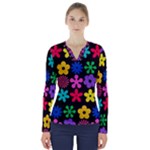 Colorful flowers on a black background pattern                                                             V-Neck Long Sleeve Top