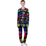 Colorful flowers on a black background pattern                                                           Casual Jacket and Pants Set