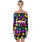 Colorful flowers on a black background pattern                                                               Off Shoulder Top with Skirt Set