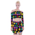 Colorful flowers on a black background pattern                                                               Off Shoulder Top with Minki Skirt Set