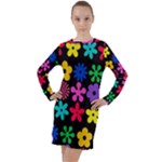 Colorful flowers on a black background pattern                                                              Long Sleeve Hoodie Dress
