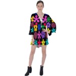 Colorful flowers on a black background pattern                                                              V-Neck Flare Sleeve Mini Dress