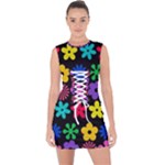 Colorful flowers on a black background pattern                                                               Lace Up Front Bodycon Dress