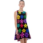 Colorful flowers on a black background pattern                                                               Frill Swing Dress