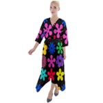 Colorful flowers on a black background pattern                                          Quarter Sleeve Wrap Front Maxi Dress