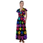 Colorful flowers on a black background pattern                                                              Flutter Sleeve Maxi Dress