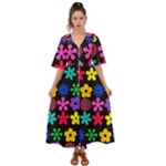 Colorful flowers on a black background pattern                                                              Kimono Sleeve Boho Dress