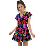 Colorful flowers on a black background pattern                                                            Flutter Sleeve Wrap Dress