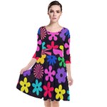 Colorful flowers on a black background pattern                                                              Quarter Sleeve Waist Band Dress