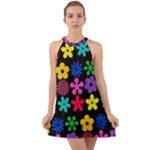Colorful flowers on a black background pattern                                                               Halter Tie Back Chiffon Dress