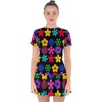 Colorful flowers on a black background pattern                                                               Drop Hem Mini Chiffon Dress