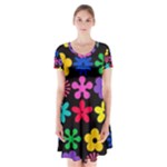 Colorful flowers on a black background pattern                                                                Short Sleeve V-neck Flare Dress