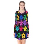 Colorful flowers on a black background pattern                                                           Long Sleeve V-neck Flare Dress