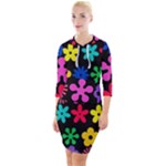 Colorful flowers on a black background pattern                                                              Quarter Sleeve Hood Bodycon Dress