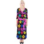 Colorful flowers on a black background pattern                                                            Quarter Sleeve Wrap Maxi Dress