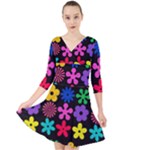 Colorful flowers on a black background pattern                                                              Quarter Sleeve Front Wrap Dress