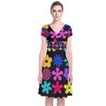 Colorful flowers on a black background pattern                                                            Short Sleeve Front Wrap Dress