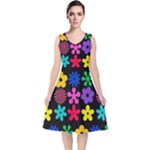 Colorful flowers on a black background pattern                                                           V-Neck Midi Sleeveless Dress