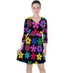 Colorful flowers on a black background pattern                                                            Quarter Sleeve Ruffle Waist Dress