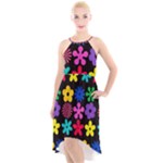 Colorful flowers on a black background pattern                                                           High-Low Halter Chiffon Dress