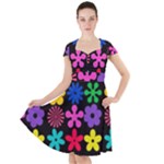 Colorful flowers on a black background pattern                                                            Cap Sleeve Midi Dress
