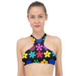 Colorful flowers on a black background pattern                                                           High Neck Bikini Top