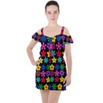 Colorful flowers on a black background pattern                                                           Ruffle Cut Out Chiffon Playsuit