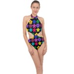 Colorful flowers on a black background pattern                                                           Halter Side Cut Swimsuit