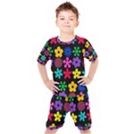 Colorful flowers on a black background pattern                                                         Kids  Tee and Shorts Set