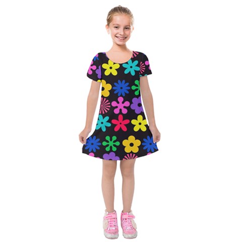 Colorful flowers on a black background pattern                                                                Kids  Short Sleeve Velvet Dress from ArtsNow.com