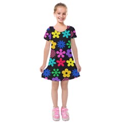 Colorful flowers on a black background pattern                                                                Kids  Short Sleeve Velvet Dress from ArtsNow.com