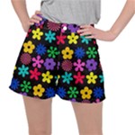 Colorful flowers on a black background pattern                                                           Stretch Ripstop Shorts